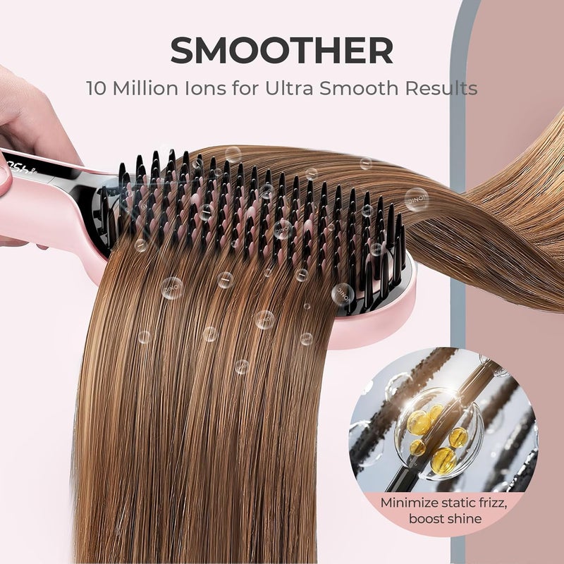 TYMO Hair Straightener Brush - Upgraded Ionic Plus Straightening Brush with Dense Bristles, 16 Temps, Dual Voltage | Ceramic Hot Comb for Women | Flat Iron for Thick Curly Hair, Pink - Image 5